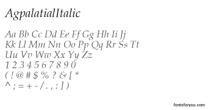 Schriftart AgpalatialItalic – Alphabet, Zahlen, spezielle Symbole