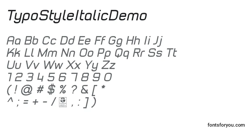 Schriftart TypoStyleItalicDemo – Alphabet, Zahlen, spezielle Symbole