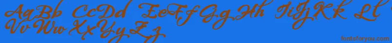 フォントWhispersCalligraphyDemoSinuousBold – 茶色の文字が青い背景にあります。