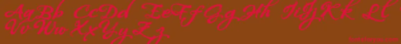 フォントWhispersCalligraphyDemoSinuousBold – 赤い文字が茶色の背景にあります。
