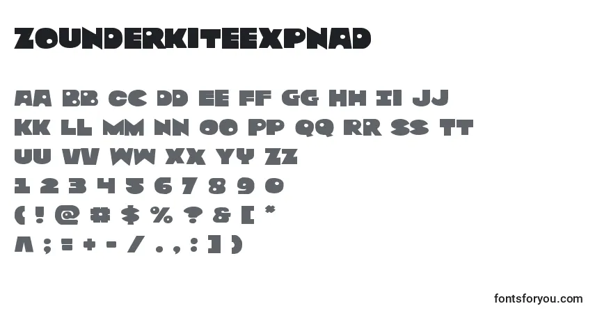 A fonte Zounderkiteexpnad – alfabeto, números, caracteres especiais