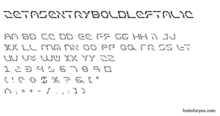 Schriftart ZetaSentryBoldLeftalic – Alphabet, Zahlen, spezielle Symbole