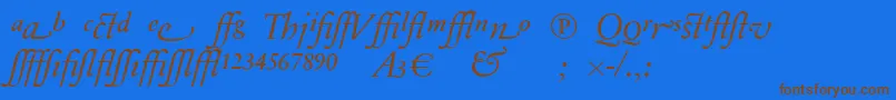 フォントSabonnextLtDisplayItalicAlternate – 茶色の文字が青い背景にあります。