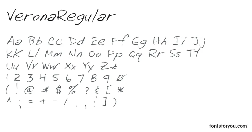 Schriftart VeronaRegular – Alphabet, Zahlen, spezielle Symbole