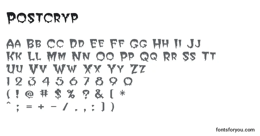 A fonte Postcryp – alfabeto, números, caracteres especiais