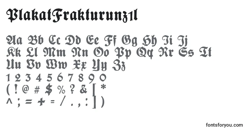 A fonte PlakatFrakturunz1l – alfabeto, números, caracteres especiais