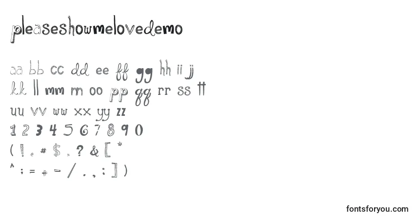 Schriftart PleaseShowMeLoveDemo – Alphabet, Zahlen, spezielle Symbole