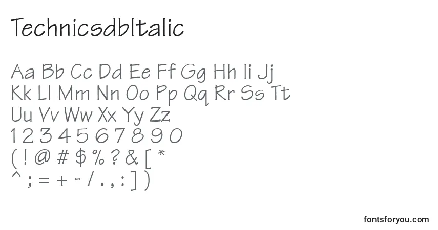 A fonte TechnicsdbItalic – alfabeto, números, caracteres especiais