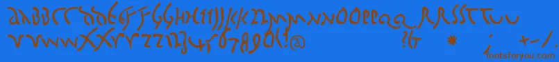 フォントBigcaesarMedium – 茶色の文字が青い背景にあります。