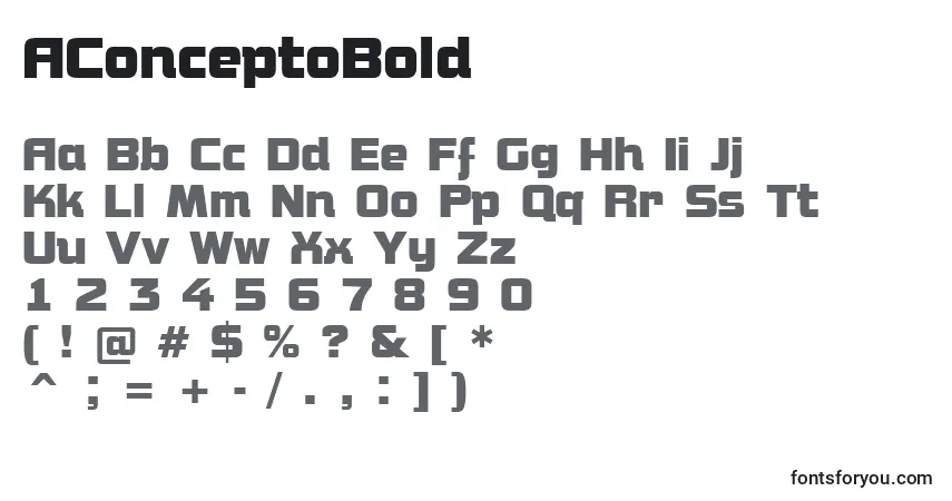Шрифт AConceptoBold – алфавит, цифры, специальные символы