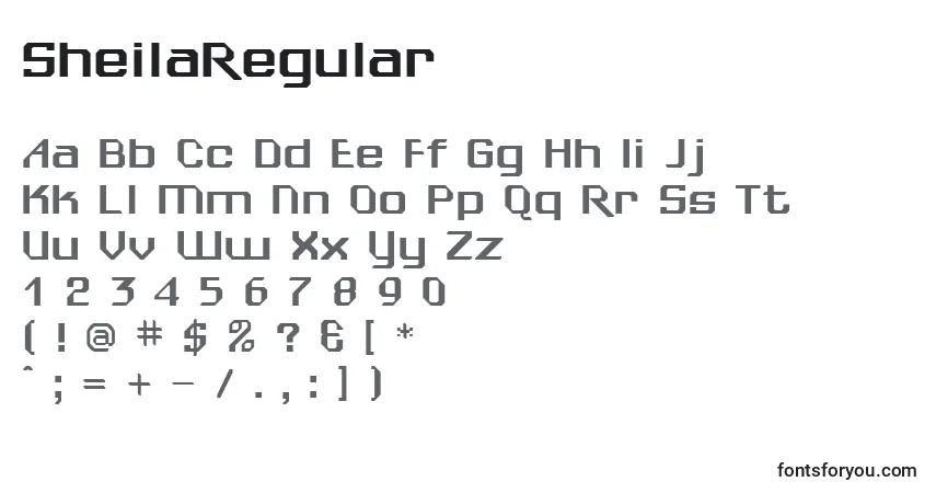 Schriftart SheilaRegular – Alphabet, Zahlen, spezielle Symbole