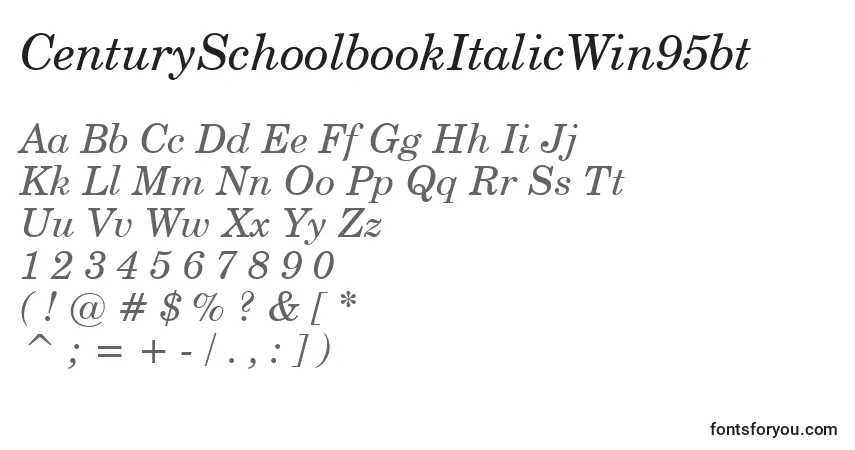 Czcionka CenturySchoolbookItalicWin95bt – alfabet, cyfry, specjalne znaki
