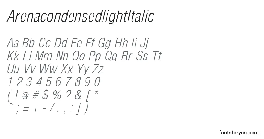 Czcionka ArenacondensedlightItalic – alfabet, cyfry, specjalne znaki