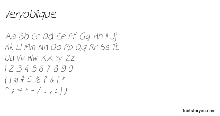Czcionka Veryoblique – alfabet, cyfry, specjalne znaki