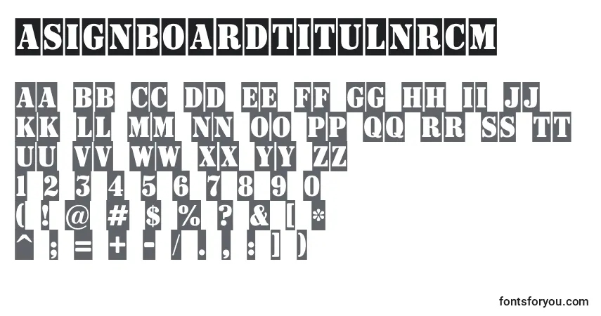 A fonte ASignboardtitulnrcm – alfabeto, números, caracteres especiais