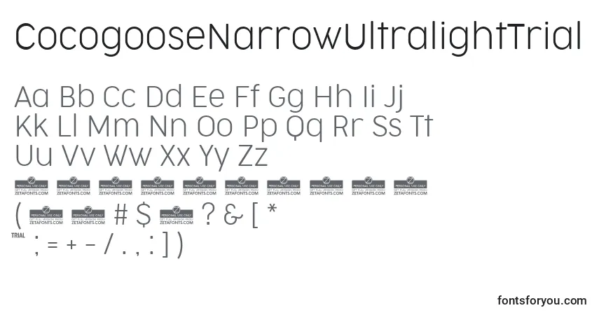 Czcionka CocogooseNarrowUltralightTrial – alfabet, cyfry, specjalne znaki