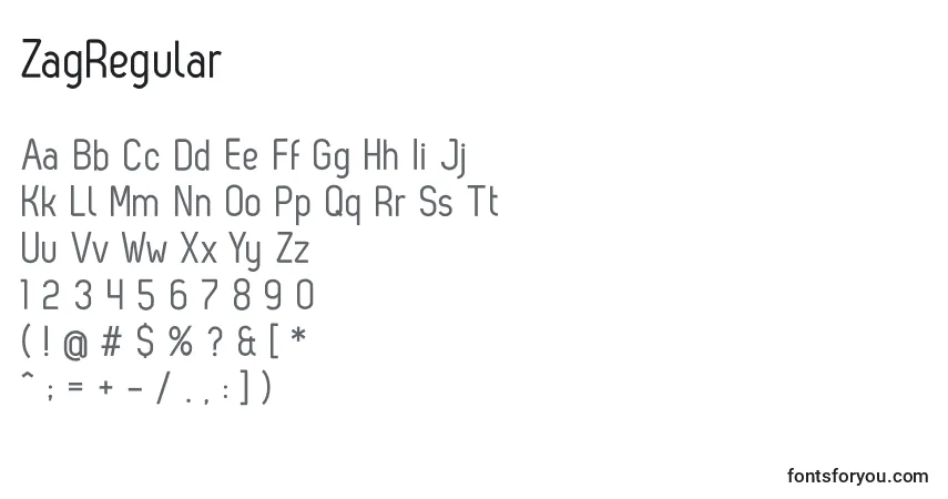 Schriftart ZagRegular – Alphabet, Zahlen, spezielle Symbole