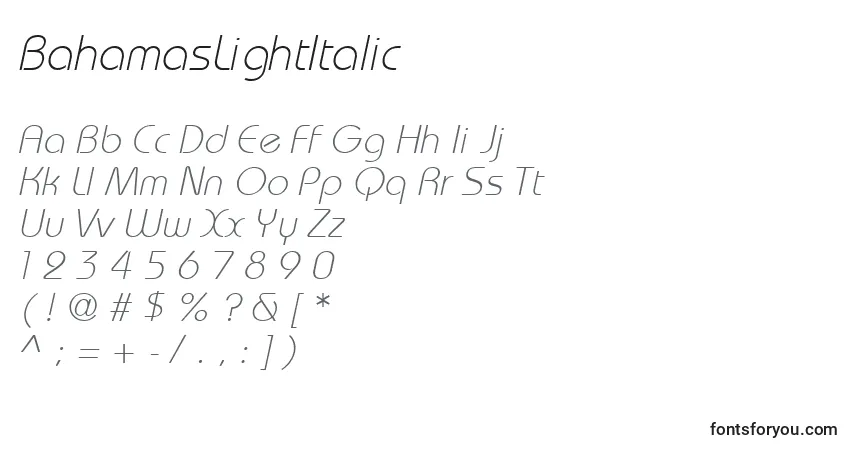 Шрифт BahamasLightItalic – алфавит, цифры, специальные символы