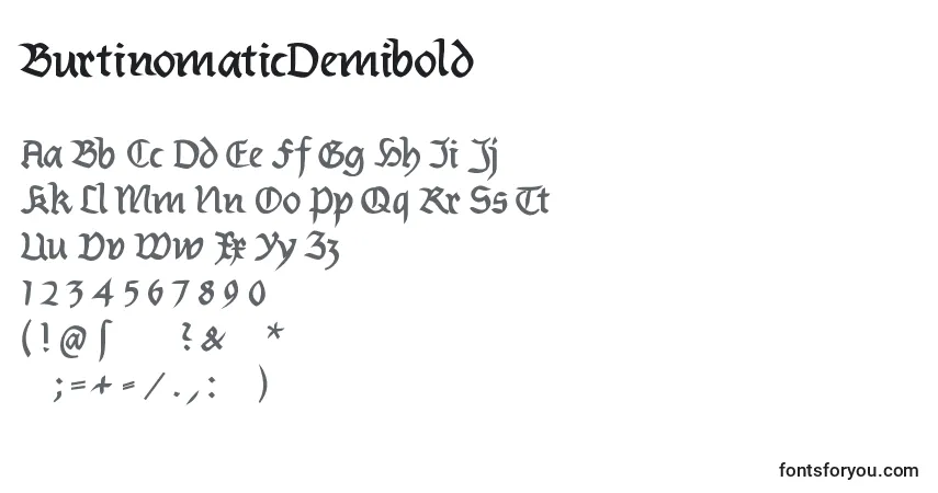 A fonte BurtinomaticDemibold – alfabeto, números, caracteres especiais