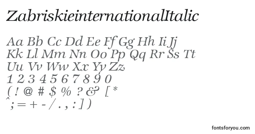 Шрифт ZabriskieinternationalItalic – алфавит, цифры, специальные символы