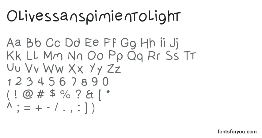 Schriftart Olivessanspimientolight – Alphabet, Zahlen, spezielle Symbole