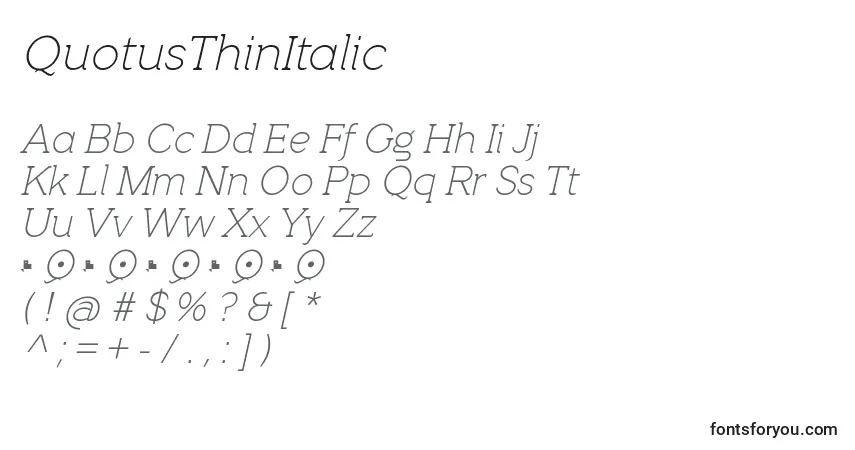 A fonte QuotusThinItalic – alfabeto, números, caracteres especiais
