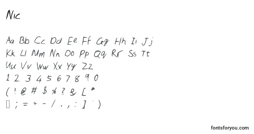 Czcionka Nic – alfabet, cyfry, specjalne znaki