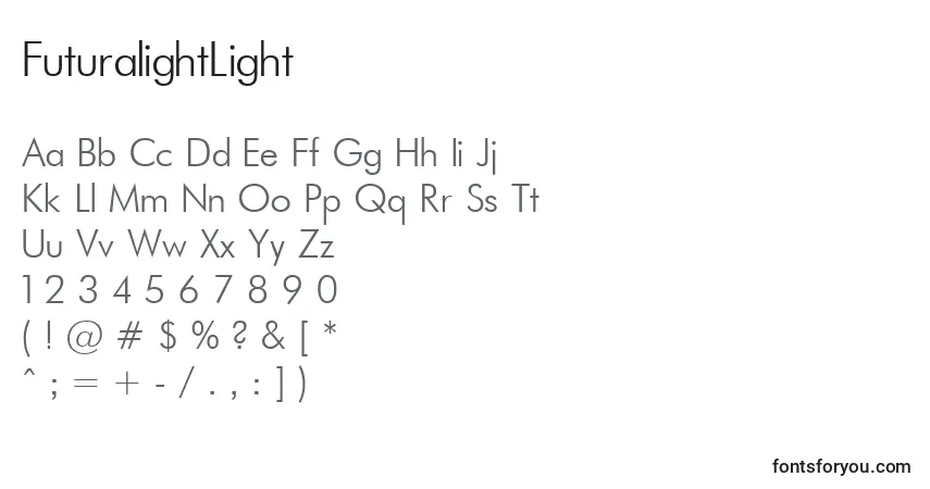 A fonte FuturalightLight – alfabeto, números, caracteres especiais