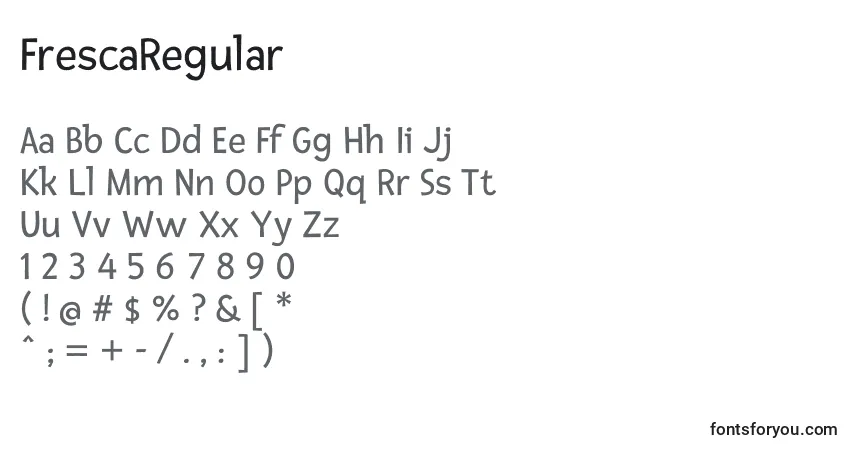 A fonte FrescaRegular – alfabeto, números, caracteres especiais