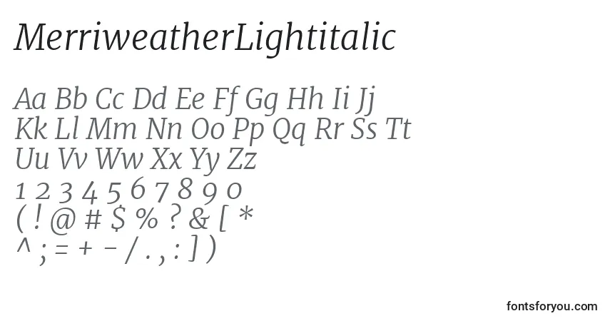 Шрифт MerriweatherLightitalic – алфавит, цифры, специальные символы