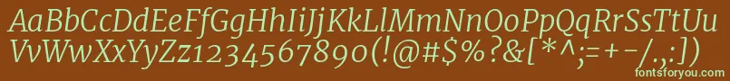 MerriweatherLightitalic-fontti – vihreät fontit ruskealla taustalla
