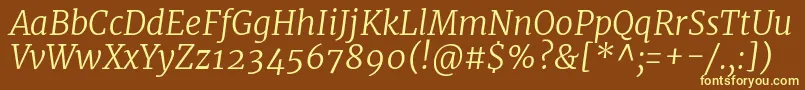 MerriweatherLightitalic-fontti – keltaiset fontit ruskealla taustalla