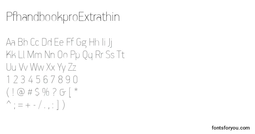 Czcionka PfhandbookproExtrathin – alfabet, cyfry, specjalne znaki