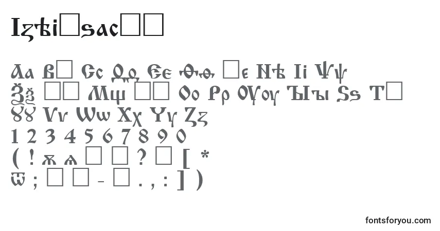 Czcionka Izhitsactt – alfabet, cyfry, specjalne znaki