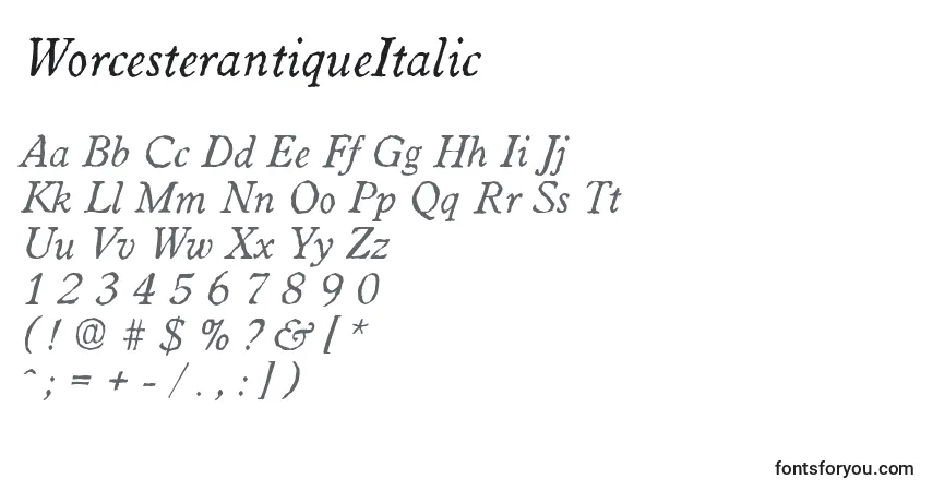 Шрифт WorcesterantiqueItalic – алфавит, цифры, специальные символы