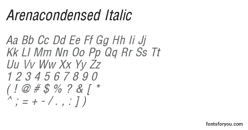 Czcionka Arenacondensed Italic – alfabet, cyfry, specjalne znaki