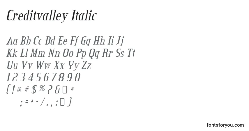 Schriftart Creditvalley Italic – Alphabet, Zahlen, spezielle Symbole