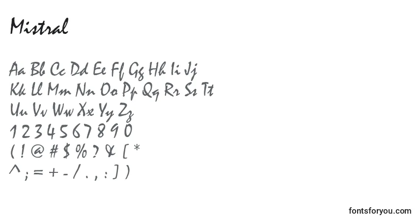 Шрифт Mistral – алфавит, цифры, специальные символы