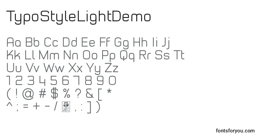 Шрифт TypoStyleLightDemo – алфавит, цифры, специальные символы