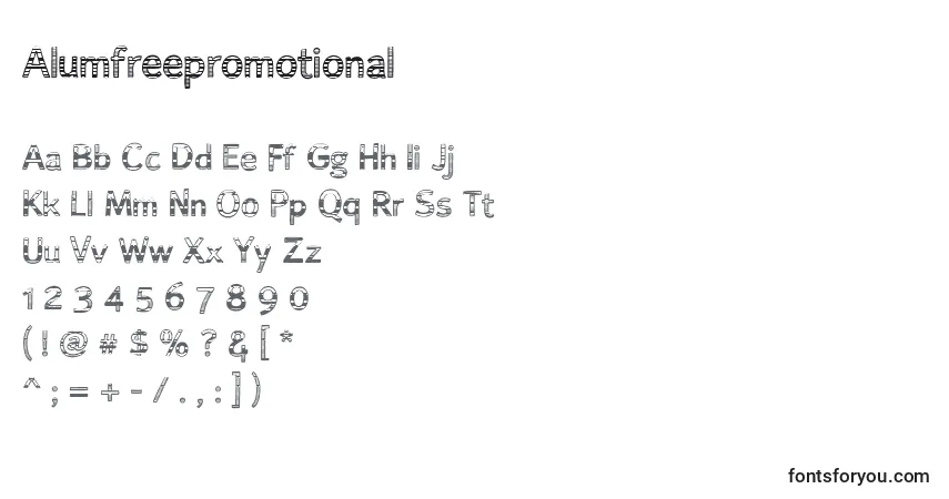 Czcionka Alumfreepromotional – alfabet, cyfry, specjalne znaki