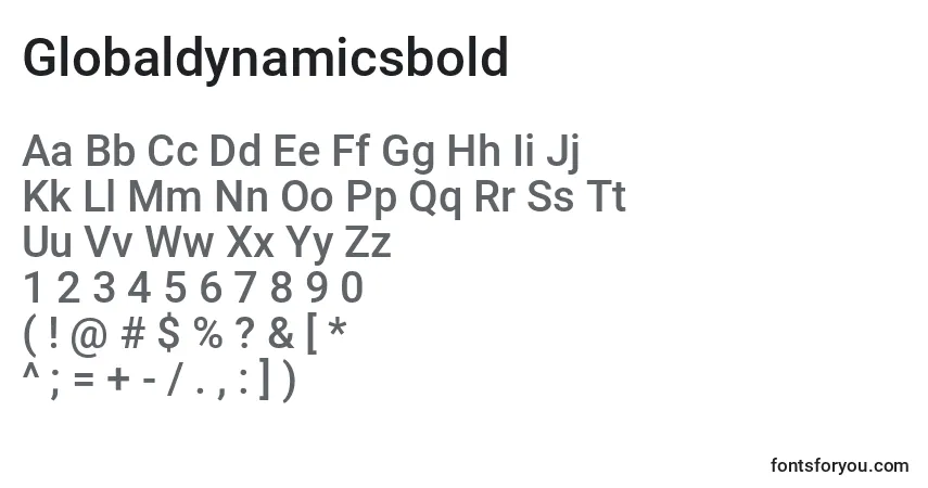 A fonte Globaldynamicsbold – alfabeto, números, caracteres especiais