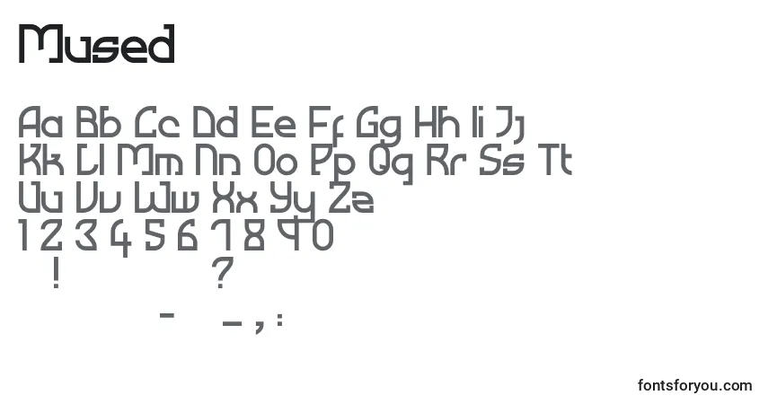 Czcionka Mused – alfabet, cyfry, specjalne znaki