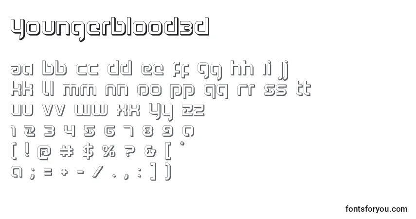 Schriftart Youngerblood3D – Alphabet, Zahlen, spezielle Symbole