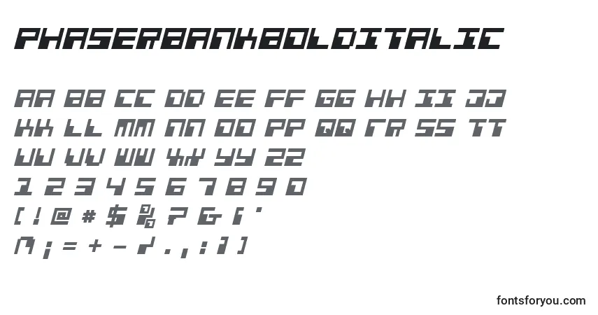 A fonte PhaserBankBoldItalic – alfabeto, números, caracteres especiais