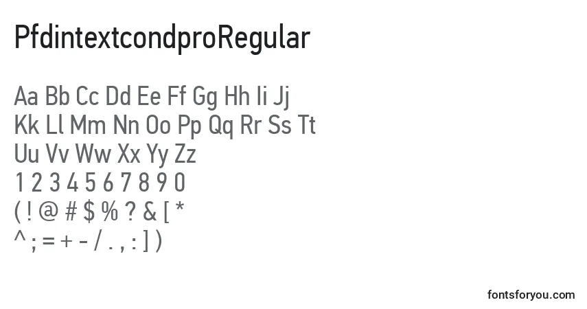 Czcionka PfdintextcondproRegular – alfabet, cyfry, specjalne znaki