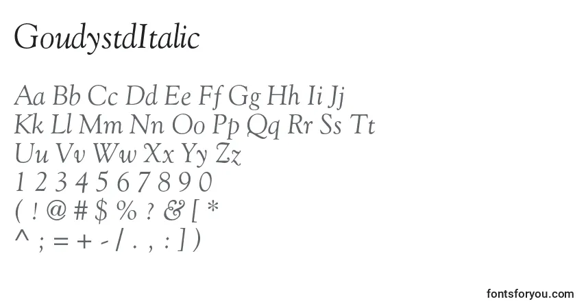Шрифт GoudystdItalic – алфавит, цифры, специальные символы