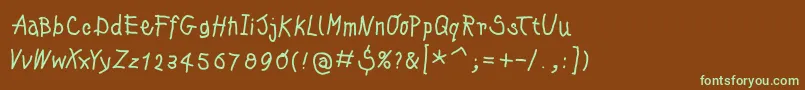 フォントKleinskrempeltypes – 緑色の文字が茶色の背景にあります。