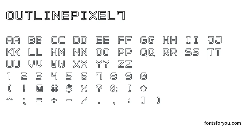 Czcionka OutlinePixel7 – alfabet, cyfry, specjalne znaki