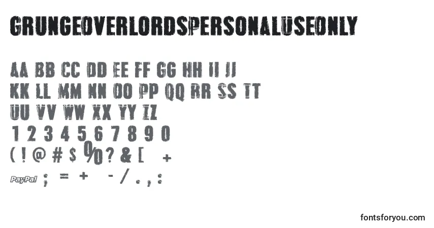 A fonte GrungeOverlordsPersonalUseOnly – alfabeto, números, caracteres especiais