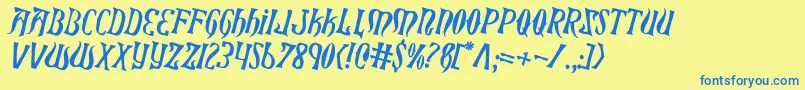 フォントXiphosCounterRotated – 青い文字が黄色の背景にあります。